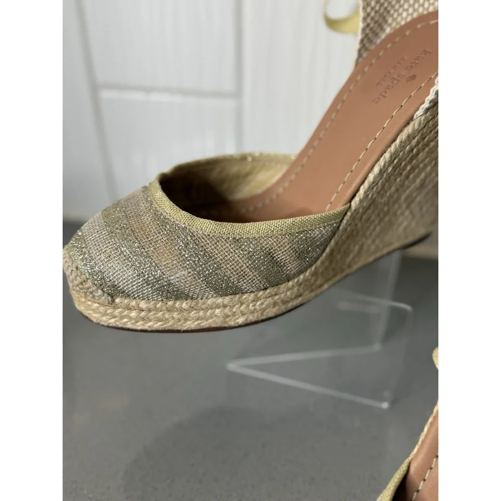 Kate Spade Gold Tan Espadrille Wedge Ankle Tie Sandals Shoes Women's Size 8M EUC